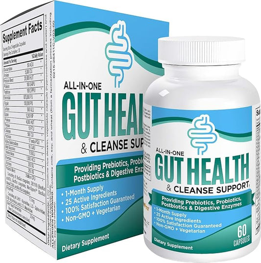 All-in-1 Gut Health & Cleanse Support Supplement with 25 Active Ingredients - Natural Gut Detox Supplements - 60 Capsules