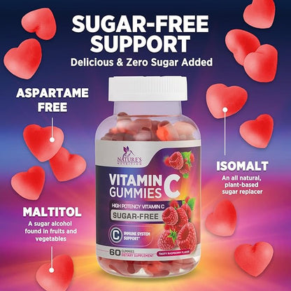 Zero Sugar Vitamin C Gummies - Immune Support & Antioxidant Vitamin Dietary Supplement - Vegan, Non-GMO, Dairy & Gluten Free C Vitamin Gummy - Raspberry Flavor for Kids & Adults - 60 Count Gummies