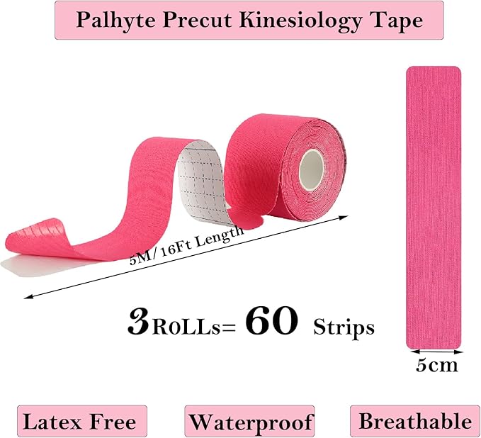 Kinesiology Tape Pro Athletic Sports Breathable Latex Free Tape for Ankle Knees Elastic Running Tennis Swimming Football Sports Activities Tapes(3 Rolls,60 Precut Strips Pink)