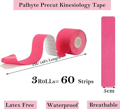 Kinesiology Tape Pro Athletic Sports Breathable Latex Free Tape for Ankle Knees Elastic Running Tennis Swimming Football Sports Activities Tapes(3 Rolls,60 Precut Strips Pink)