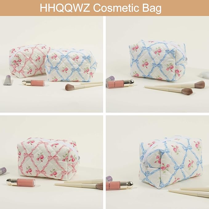 Quilted Cotton Makeup Bag Travel Cosmetic Bag for Women Girls, Zipper Make Up Pouch, Bow Pattern Toiletry Organizer Makeup, Portable Storage Bag (2 Pack: Blue Bowknot)