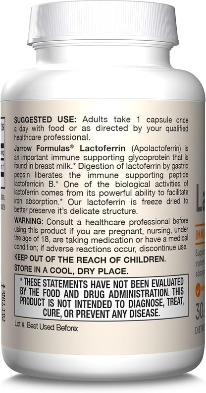 Jarrow Formulas Lactoferrin 250 mg - Immune-Supporting Glycoprotein - For Healthy Immune System Support & Iron Absorption - Freeze Dried - Gluten Free - Non-GMO - 30 Capsules (Servings)