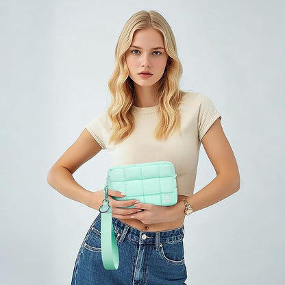 Quilted Cosmetic Bag, Puffer Makeup Bags, Crossbody Purses for women,Cute Travel Toiletry Bag for Women (Mint Green)