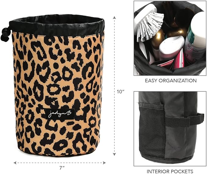 Jadyn Durable Cinch Top Makeup Organizer - Compact Travel Makeup Bag - 7 Interior Pockets for Cosmetics - Drawstring Toiletry Travel Bag for Women - 6L Storage Capacity - (Leopard)