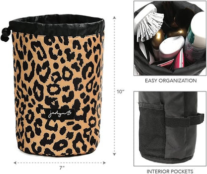 Jadyn Durable Cinch Top Makeup Organizer - Compact Travel Makeup Bag - 7 Interior Pockets for Cosmetics - Drawstring Toiletry Travel Bag for Women - 6L Storage Capacity - (Leopard)