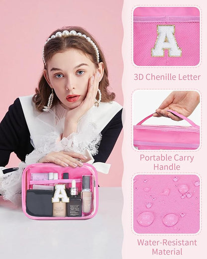 Wandering Nature Clear Makeup Bags 2 Pack Personalized Initial Makeup Pouch Preppy Small Cosmetic Pouch Organizer Travel Toiletry Bag, Birthday Gifts for Girlfriend Women