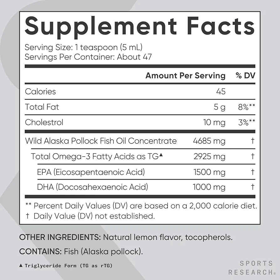 Sports Research Omega-3 Fish Oil 4685mg - Sourced from Wild Caught Alaska Pollock - Natural Lemon Flavor, MSC Certified Sustainable - 8oz