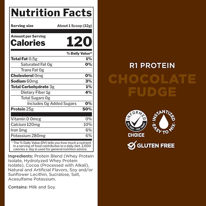 Rule One Proteins R1 Protein - 25g Fast-Acting, Super-Pure 100% Isolate and Hydrolysate Protein Powder with 6g BCAAs (1 Pound*, Chocolate Fudge)