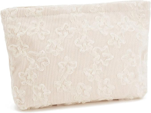 WOZEAH Floral Corduroy Makeup Bag for Purse Small Cosmetic Pouch,Stylish Zipper Make up Pouch Travel Canvas Toiletry Bags(Lace Embroidery 1)
