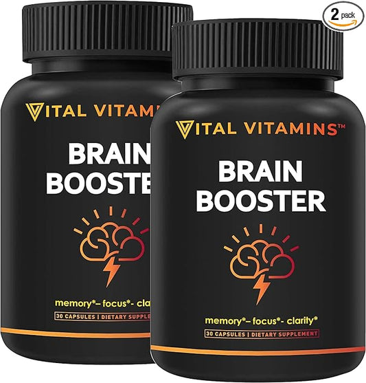 Vital Vitamins Brain Supplements for Memory and Focus (2 Pack) - Nootropic Brain Support - Memory, Clarity, Focus, Energy - Vitamin B12, Gingko Biloba, DMAE