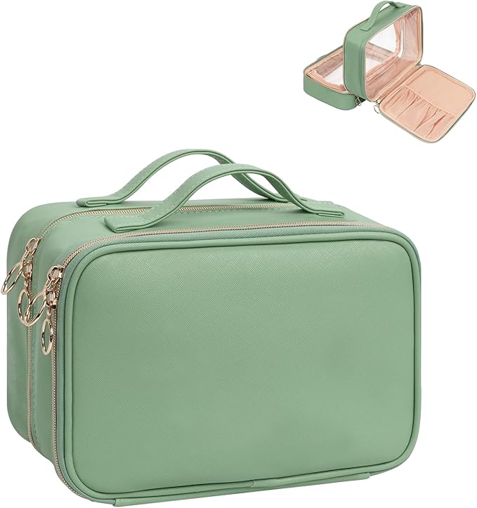 OCHEAL Makeup Bag, Double Layer Cosmetic Bag, Large Capacity New Look Clear Cosmetic Case for Women Travel Beauty Essentials, Multiple Compartments Makeup Case Organizer Zipper Pouch -Light Green
