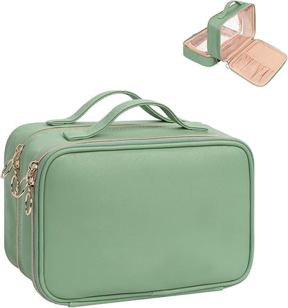 OCHEAL Makeup Bag, Double Layer Cosmetic Bag, Large Capacity New Look Clear Cosmetic Case for Women Travel Beauty Essentials, Multiple Compartments Makeup Case Organizer Zipper Pouch -Light Green
