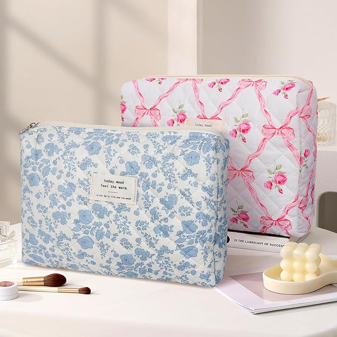 Quilted Makeup Bag,Small Travel Floral Cosmetic Bag Cute Pouch,Cotton Makeup Brushes Storage Bag for Women