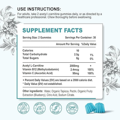 Acetyl L-Carnitine Gummies 2000mg, L-Carnitine Supplement with Vitamin C & B12, ALCAR for Energy, Brain & Mood Support, Fatty Acid Metabolism, Vegan, Non-GMO, Sugar Free, 60 Count