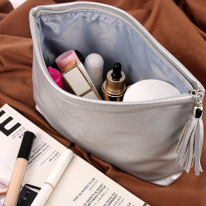 BOYATU Makeup Pouch Small Cosmetic Bag: Cute Pouches for Purse with Tassel - Letter Makeup Bags - Valentine's Day Gifts for Teen Girl (07-Leather Silver)