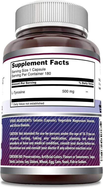 Amazing Formulas L-Tyrosine 500 Mg Capsules | Amino Acid Supplement | Non-GMO | Gluten Free | Made in USA (180 Count)