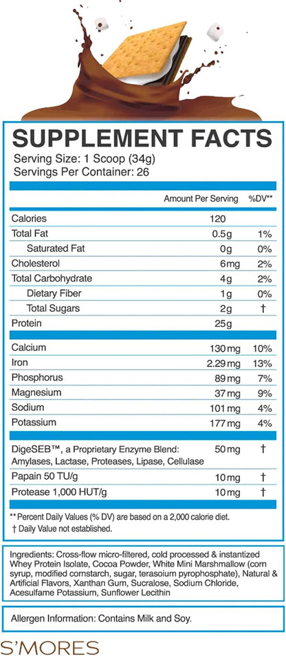 eFlow Nutrition 100% Whey Protein Isolate - Gluten & Lactose-Free Digestive Enzymes Added, Low Carb, Post Workout Shake, Fast Digesting for Optimal Muscle Recovery - S'Mores (26 Servings)