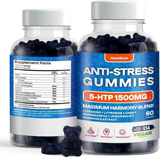 Stress Relief Gummies - 1500MG 5HTP with L-Theanine Gaba & L-Tyrosine - Ashwagandha Herbal Supplement Supports Intellectual Alertness Vegan Brain Mood Booost Supplements for Kids & Adults Made in USA