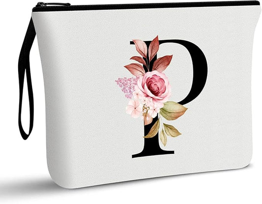 Vavabox A-Z Personalized Makeup Bag, Birthday Gifts for Women Mom, Gifts for Best Friend, Bride Bridesmaid Cosmetic bag (P, White)