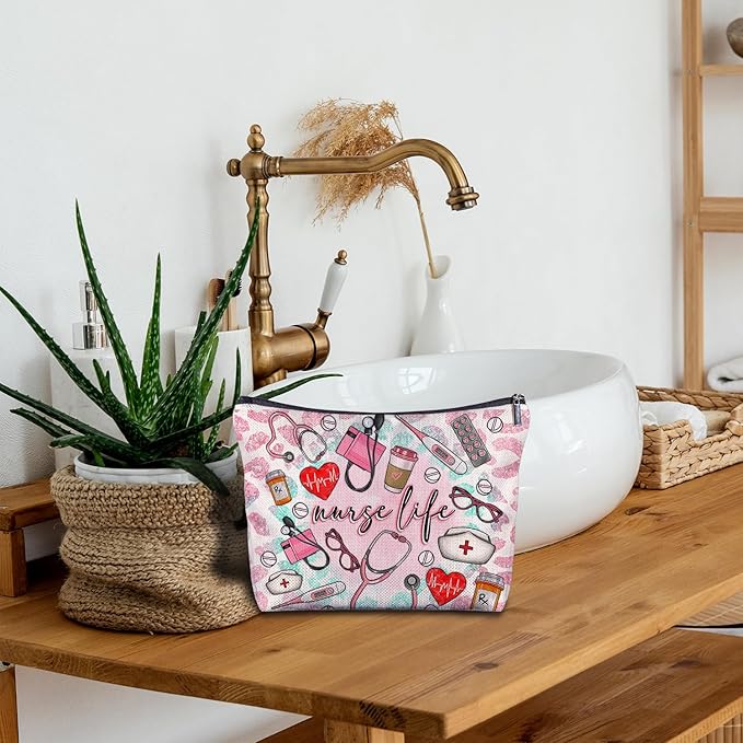 Nurse Life Nurse Makeup Bag - Nurse Gifts Nursing Bags, Nurse Graduation Gifts for Women, Pink Emergency Room ICU Nurse Cosmetic Bag