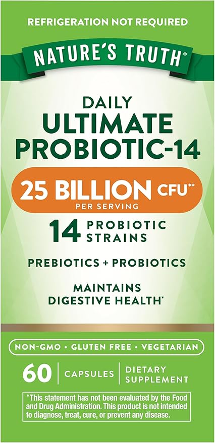 Nature's Truth Probiotics for Men and Women | 25 Billion CFU | 60 Capsules | 14 Strains | Non-GMO & Gluten Free Digestive Health Supplement