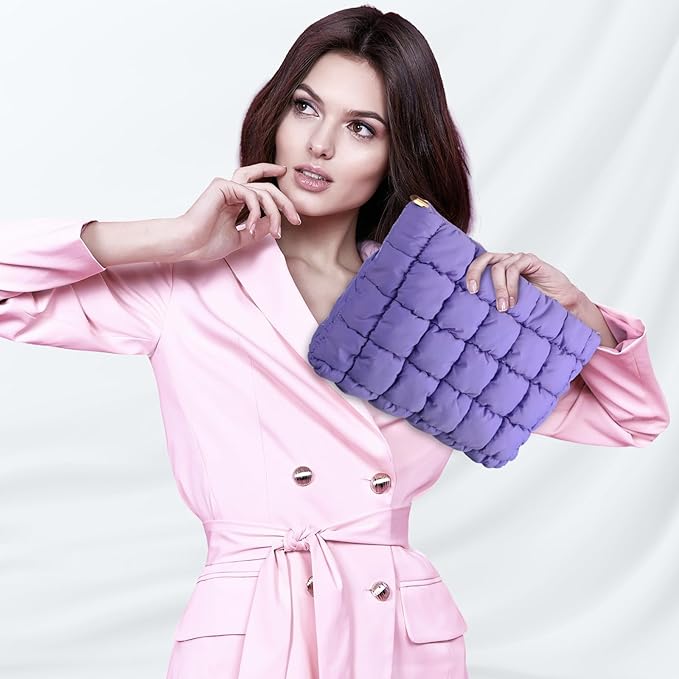 Hillban Puffy Quilted Makeup Bag Quilted Cosmetic Bag Cute Puffer Toiletry Checkered Pouch Aesthetic Travel Makeup Brushes Organizer(Purple,Classic)