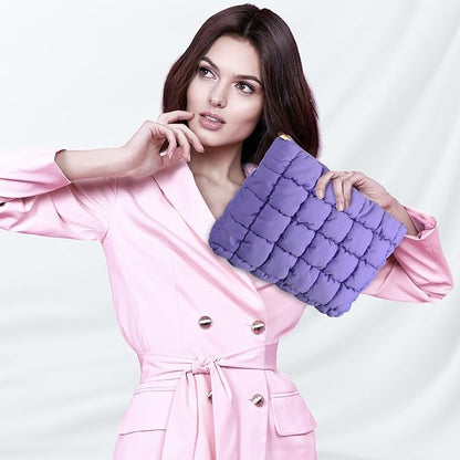 Hillban Puffy Quilted Makeup Bag Quilted Cosmetic Bag Cute Puffer Toiletry Checkered Pouch Aesthetic Travel Makeup Brushes Organizer(Purple,Classic)
