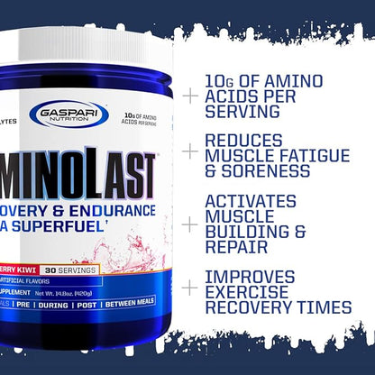 Gaspari Nutrition Aminolast, Recovery and Endurance BCAA Superfuel, 2:1:1 Amino Acid Ratio, Fueled with Electrolytes (30 Servings, Lemon Ice)