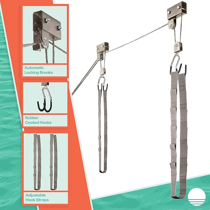 Kayak Storage Hoist - Overhead Pulley System with 125lb Capacity for Canoes, Bikes, Ladders, and More - for up to 12-Foot Ceilings
