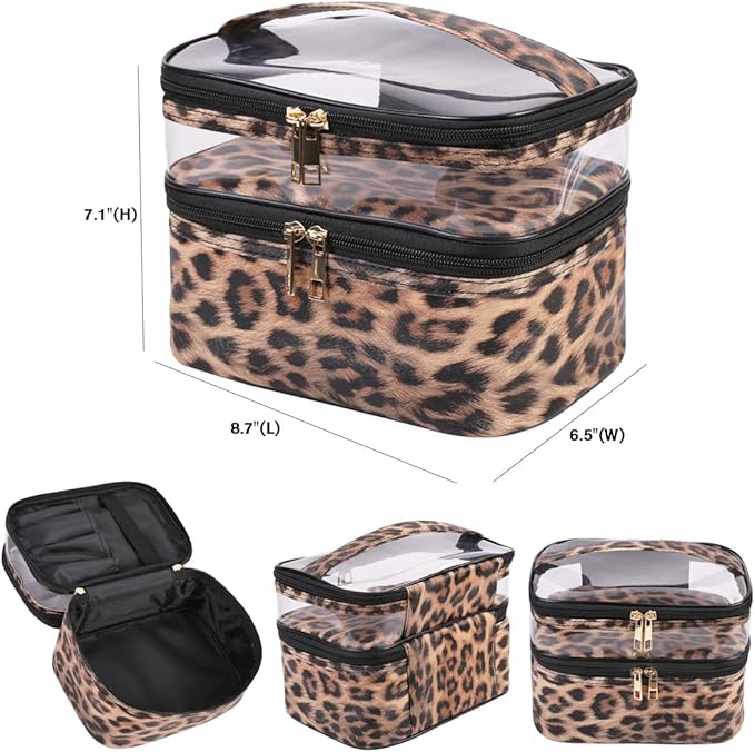 FITINI 3 Pieces Makeup Bags Double Layer Travel Large Leopard Cosmetic Cases Organizer Toiletry Bags Waterproof Small Zipper Pouch for Women Makeup Brush Storage Bag