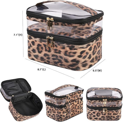 FITINI 3 Pieces Makeup Bags Double Layer Travel Large Leopard Cosmetic Cases Organizer Toiletry Bags Waterproof Small Zipper Pouch for Women Makeup Brush Storage Bag