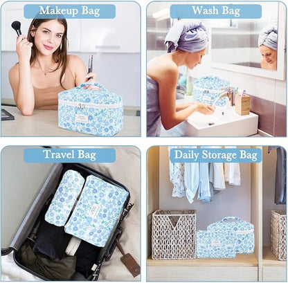 3Pcs Cotton Quilted Makeup Bag Set,Large Floral Cosmetic Bag，Aesthetic Toiletry Travel Makeup Bag Set and Cute Flower Bag for Women Girls (Blue Flower)
