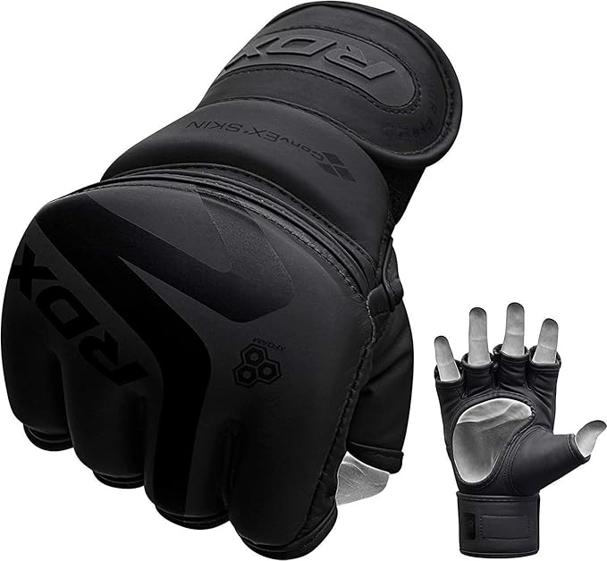 RDX MMA Gloves Noir, Maya Hide Leather, Ventilated Open D-Cut Palm, Padded Grappling Sparring Mitts, Cage Fighting Kickboxing Mixed Martial Arts Muay Thai Training, Punching Bag Pads Workout, Black
