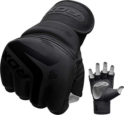 RDX MMA Gloves Noir, Maya Hide Leather, Ventilated Open D-Cut Palm, Padded Grappling Sparring Mitts, Cage Fighting Kickboxing Mixed Martial Arts Muay Thai Training, Punching Bag Pads Workout, Black