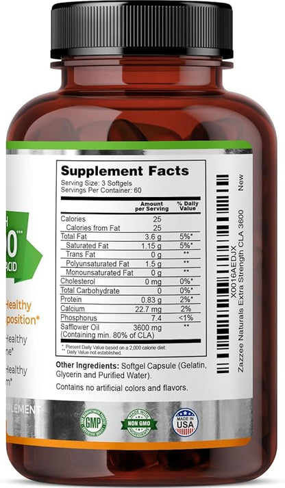 Zazzee High Potency CLA 3600, 180 Softgels, 3600 mg per Serving, Conjugated Linoleic Acid from Safflower Oil, Concentrated and Standardized, 60 Day Supply, Non-GMO and Made in The USA
