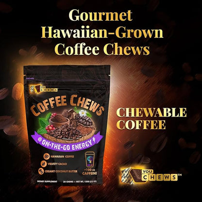 YouChews Caffeine Chew - 100mg Caffeine from Guarana Seed & Kona Coffee - Natural Ingredients, Low Sugar, Long Lasting Energy Supplement for Workouts, Running & Gaming (30 Chews)