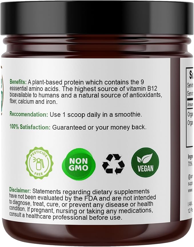 Water Lentil Protein Powder | Best Source of B12 Vitamin | aka Duckweed | with Organic Chlorella | Sugar Free | Rapid Energy Booster | Sustainably Farmed | 100% Recyclable 10oz Jar
