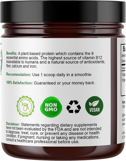 Water Lentil Protein Powder | Best Source of B12 Vitamin | aka Duckweed | with Organic Chlorella | Sugar Free | Rapid Energy Booster | Sustainably Farmed | 100% Recyclable 10oz Jar
