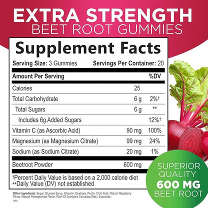 Beet Root Supplement Gummies with Vitamic C & Magnesium - Energy Heart Health Support, Supports Nitric Oxide Production - Gluten Free, Non-GMO Beets Root Gummy - Pomegranate Berry Flavor - 60 Gummies