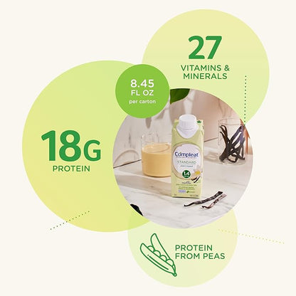 Compleat Standard 1.4 Plant-Based Vanilla Nutrition Shake - 18g Protein, 29 Vitamins & Minerals - Vegan Tube Feeding Formula - 8.45 Fl Oz (Pack of 12)