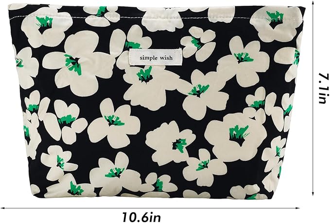 Flower Makeup Bag Travel Large Cosmetic Bag for Women Cute Make up Pouch Zipper Cosmetic Pouch for Purse Cotton Aesthetic White Black Floral Makeup Organizer Bag Portable Toiletry Bag