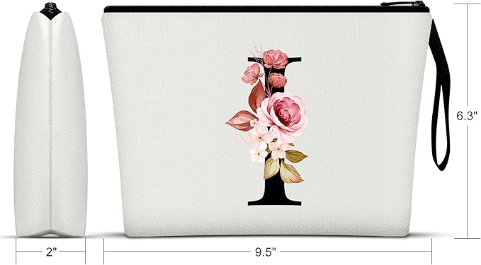 Vavabox A-Z Personalized Makeup Bag, Birthday Gifts for Women Mom, Gifts for Best Friend, Bride Bridesmaid Cosmetic bag (I, White)