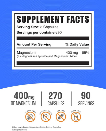 BulkSupplements.com Magnesium Glycinate Capsules - Magnesium Bisglycinate, Magnesium Supplement, Magnesium Glycinate 400mg - Gluten Free, 3 Capsules per Serving, 270 Capsules (Pack of 1)