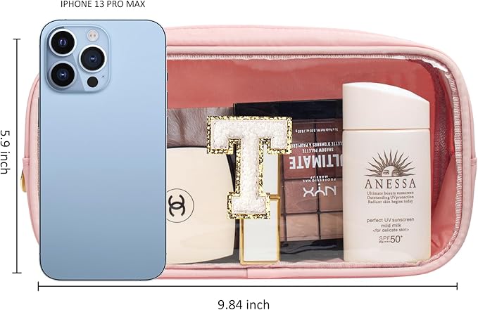 LETGO Initial Make Up Bag Travel Toiletry Bag, Clear Makeup Bag Preppy Cosmetic Bags Organizer Travel Essentials Pink Gifts for Women Teen Girlfriend Teacher Mom Brithday (Pink, T)