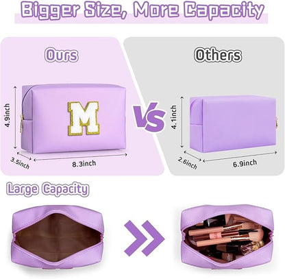 TOPEAST Personalized Makeup Bag, Chenille Letter Pouch Cosmetic Bag w Zipper, PU Leather Waterproof Toiletry Bag, Bridal Shower Gifts for Bridesmaids, Cute Stuff for Girls (Purple P)