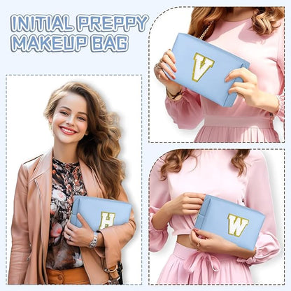 TOPEAST Makeup Bags for Women, Personalized Initials Travel Makeup Bag Cosmetic Bags for Women Birthday Gifts for Women (Sky Blue M)