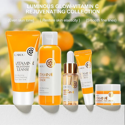 5 Pieces Vitamin C Serum Facial Skin Care Set,Skin Revitalizer, Nourishing, Lightening, Brightening Skin Tone, Gift Set Travel Size Kit with Cleanser, Toner, Serum, Eye Cream, Face Cream