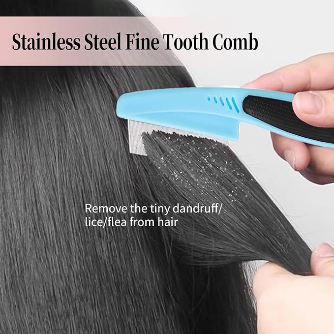 Dandruff Comb, Stainless Steel Fine Tooth Lice/Flea/Psoriasis Comb, Scalp Oil Buildup Removal Wide Hollow Tooth Button Hairbrush for Scalp Massage Care for Man Women and Kids (Blue)