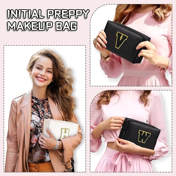 TOPEAST Initial Makeup Bags for Women, Cute Makeup Pouch, Waterproof Travel Toiletry Bag, Personalized Gifts for Girlfriend Wife on Valentine's Day Anniversary, Preppy Stuff Gift for Girl (Black W)