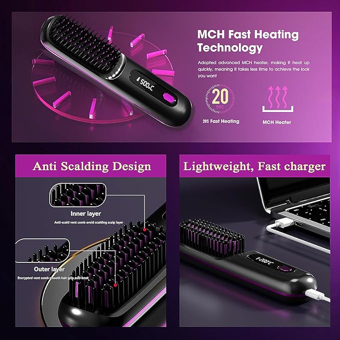 Go Brush Pro, Hair Straightener Brush Portable Gobrush Pro 2025 Cordless Hair Straightener for Travel (Black)